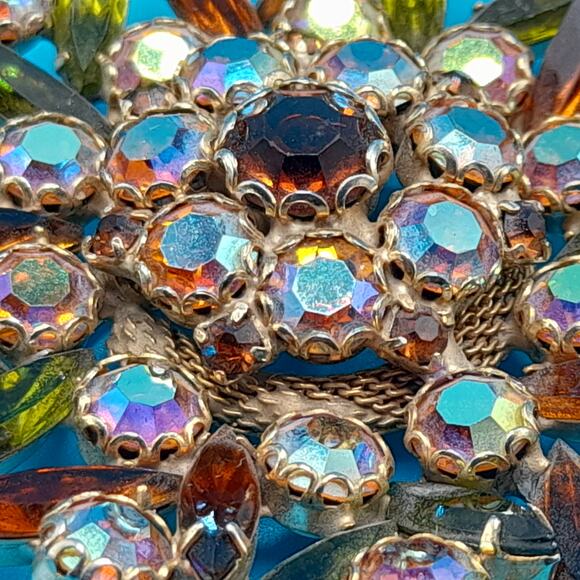 Vintage Topaz AB Rhinestone Floral Brooch Green Navette Gold Tone 2.25\